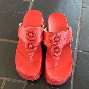 Vibrant Red Floral Platform Sandals